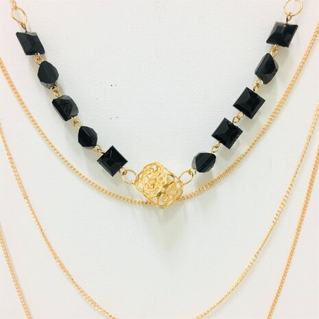 Necklace Multi Layher Gold & Black Squares